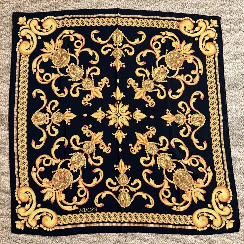 Escada Baroque Gold Black Silk Scarf 34”x35”